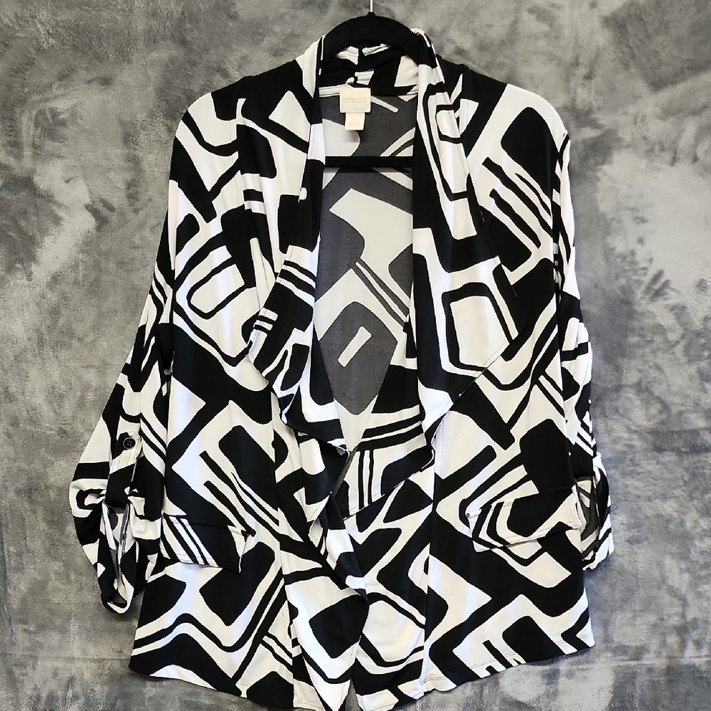 Chico's Monochrome Geometric Cardigan Sz 1(Med) No Iron